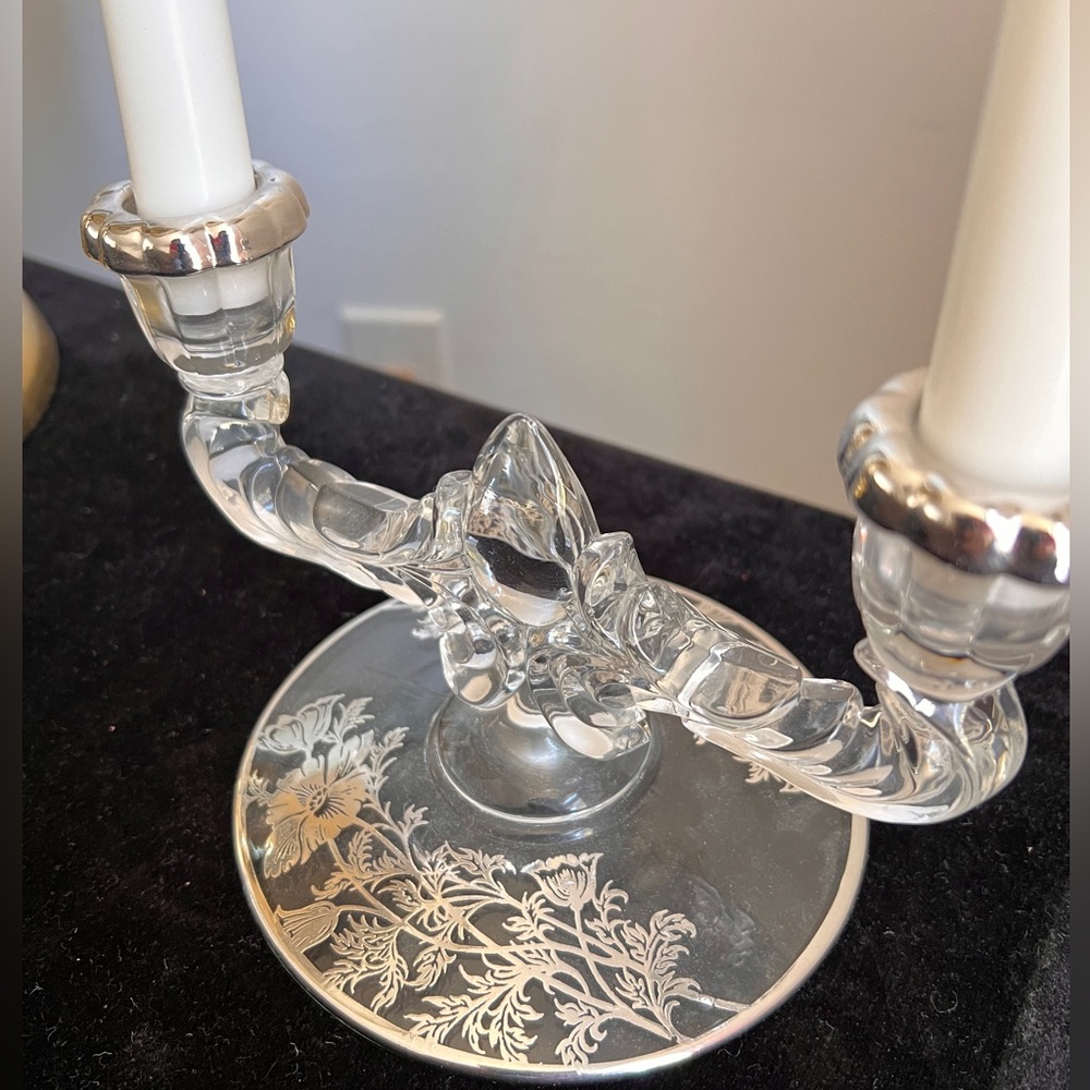 Vintage Double Candlestick Holder With Silver Floral Overlay Trim one pair 2 pc